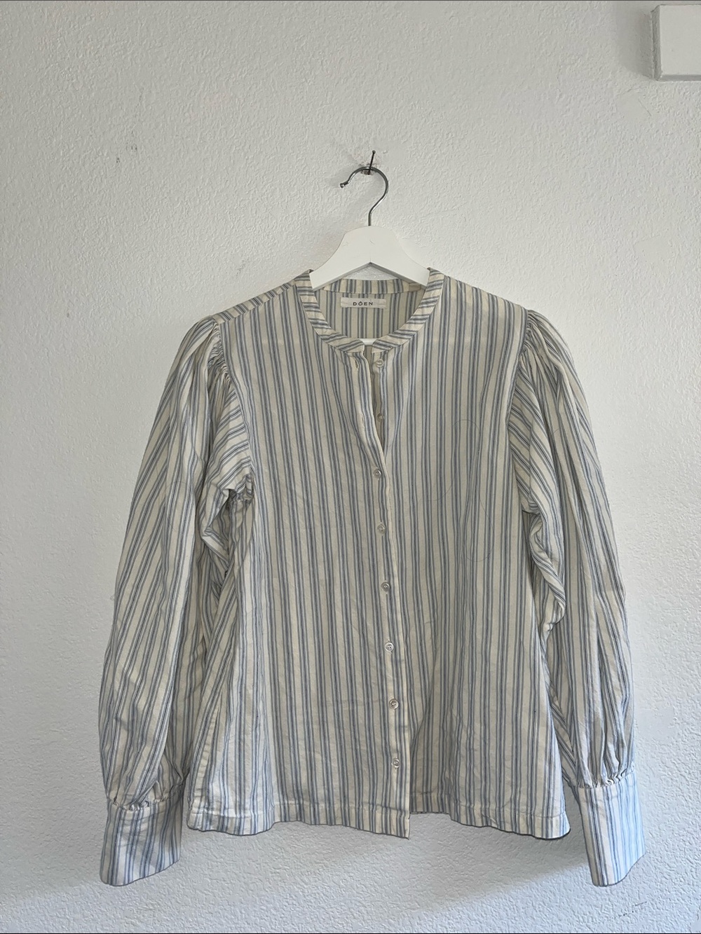 DÔEN Scarlet blouse in a blue and white striped chambray cotton fabric SMALL